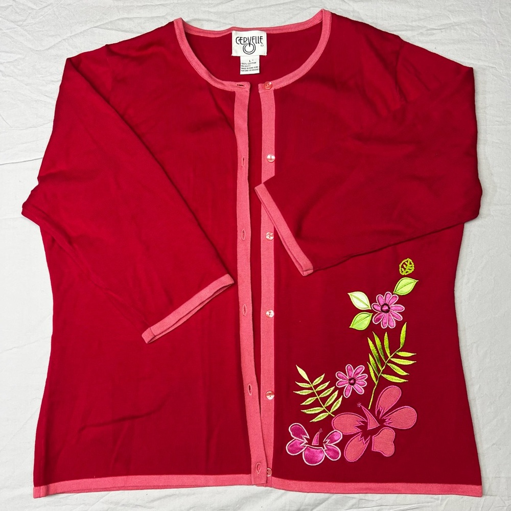 Red Cardigan with Pink Trim and Floral Embroidery